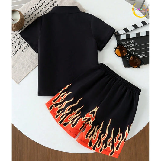 Boys Black Fire Graphic Summer Co-Ord Set