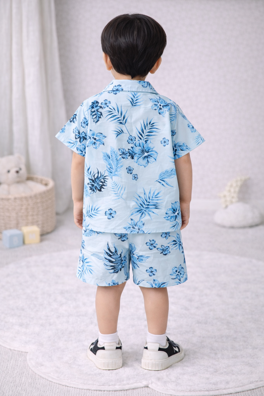 Toddler Boy 2-Piece Light Blue Floral Tropical Print Summer Set