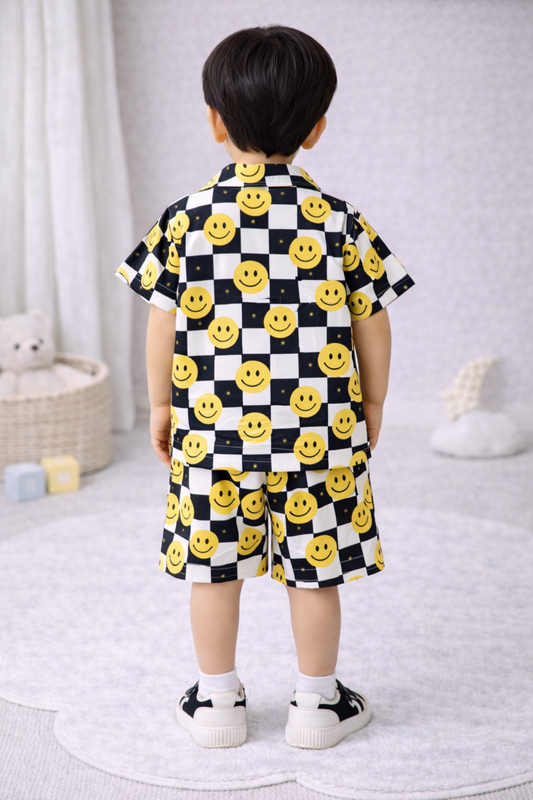 Toddler Boy 2-Piece Smiley Face Checkerboard Shirt and Shorts Set