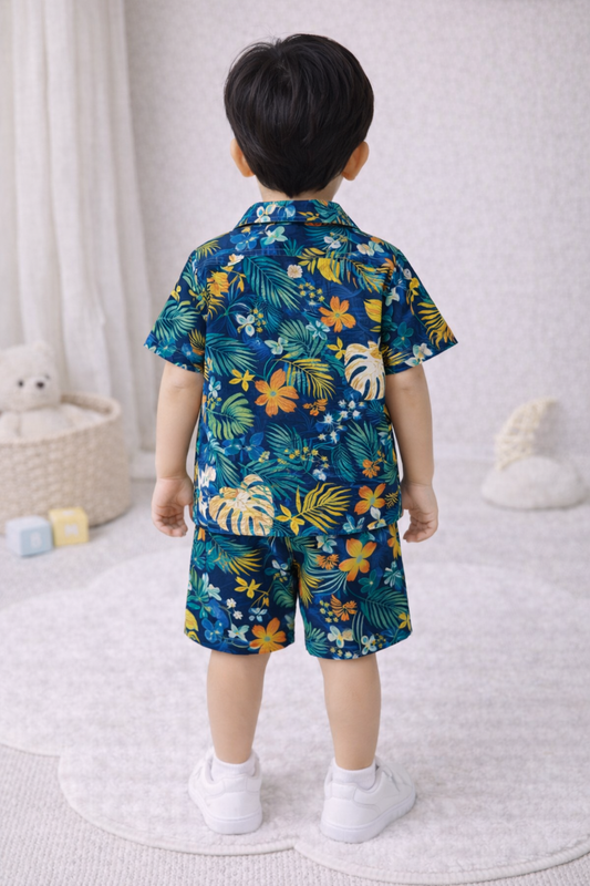 Toddler Boy 2-Piece Vibrant Teal Tropical Floral Print Summer Shirt and Shorts Set