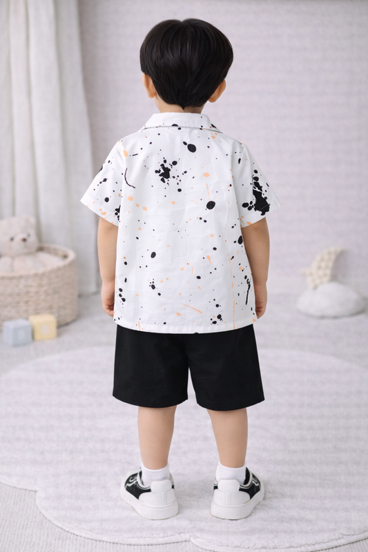 Toddler Boy 2-Piece White Paint Splatter Print Shirt and Black Shorts Set