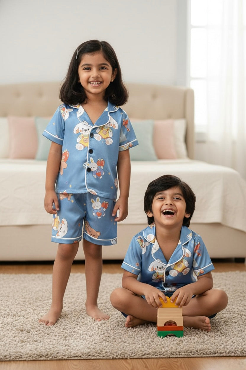 Cute Cartoon Satin Kids Night Suit Set – Blue Pajama Set