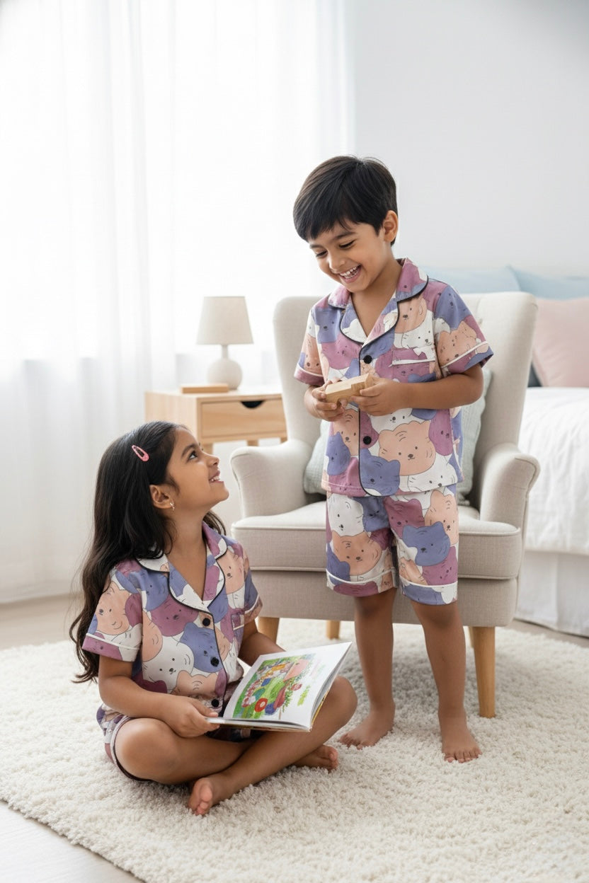 Kids Multicolor Cartoon Satin Night Suit Set – Soft Full Sleeve Pajama Set
