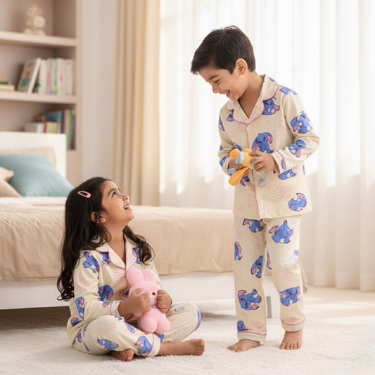 Kids Cream Cartoon Satin Night Suit Set – Cute Blue Character Pajama Set for Girls