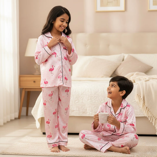 Girls Pink Flamingo Satin Night Suit Set – Premium Full Sleeve Pajama Set