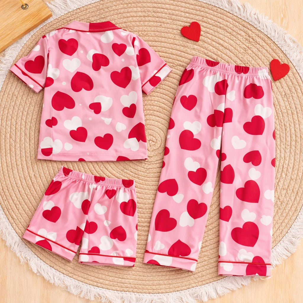 Girls Pink Heart Print Satin Night Suit Set – Cute Full Sleeve Pajama Set