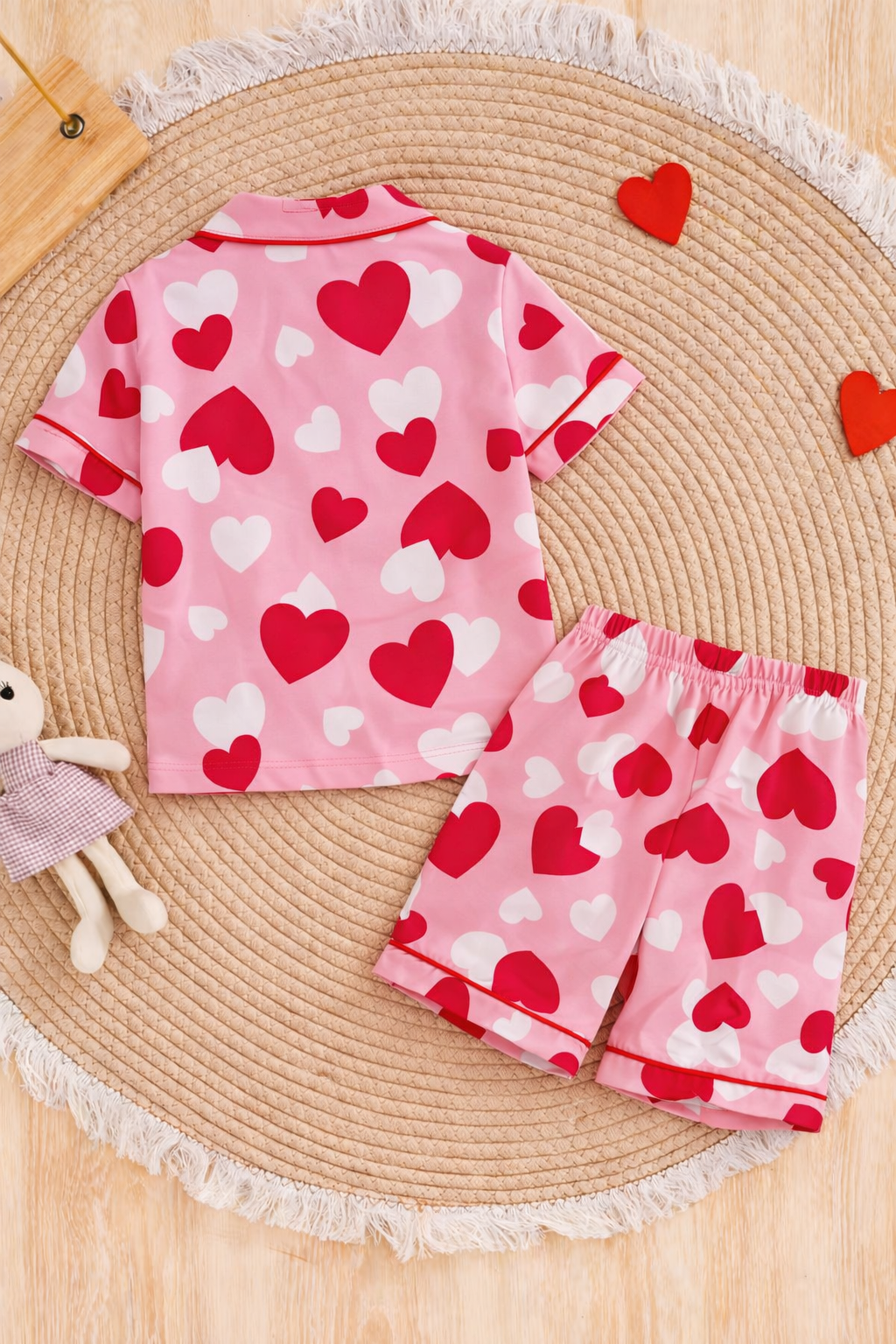 Girls Pink Heart Print Satin Night Suit Set – Cute Full Sleeve Pajama Set