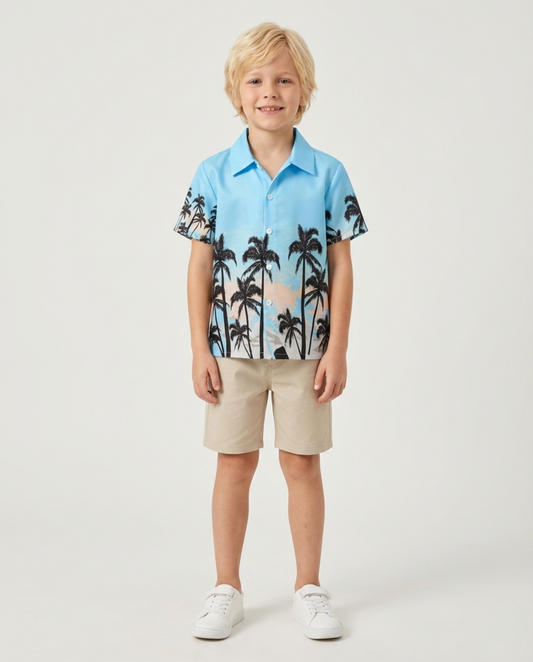 Sky Nariyeli Tropical Casual Tree Button Front Beach Short Sleeve Shirt For Boys.