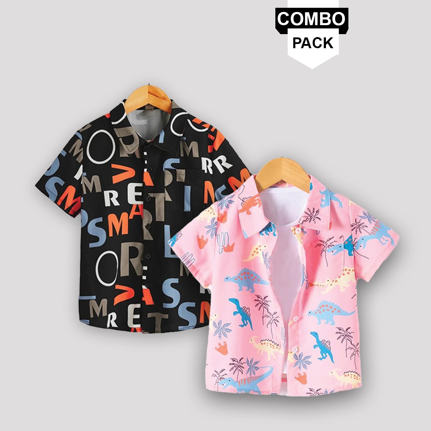 Toddlers Kids Boy Fancy Black abcd & Pink Diano  Shirt (Combo Pack Of 2) Shirt For Boy