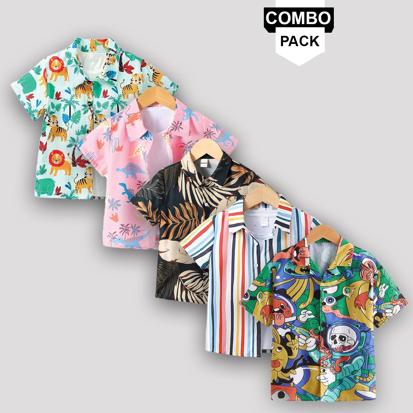 Boy's Multicolor Line Designer Animal Leaf Button Front (Combo pack For 5) Shirt For Boy