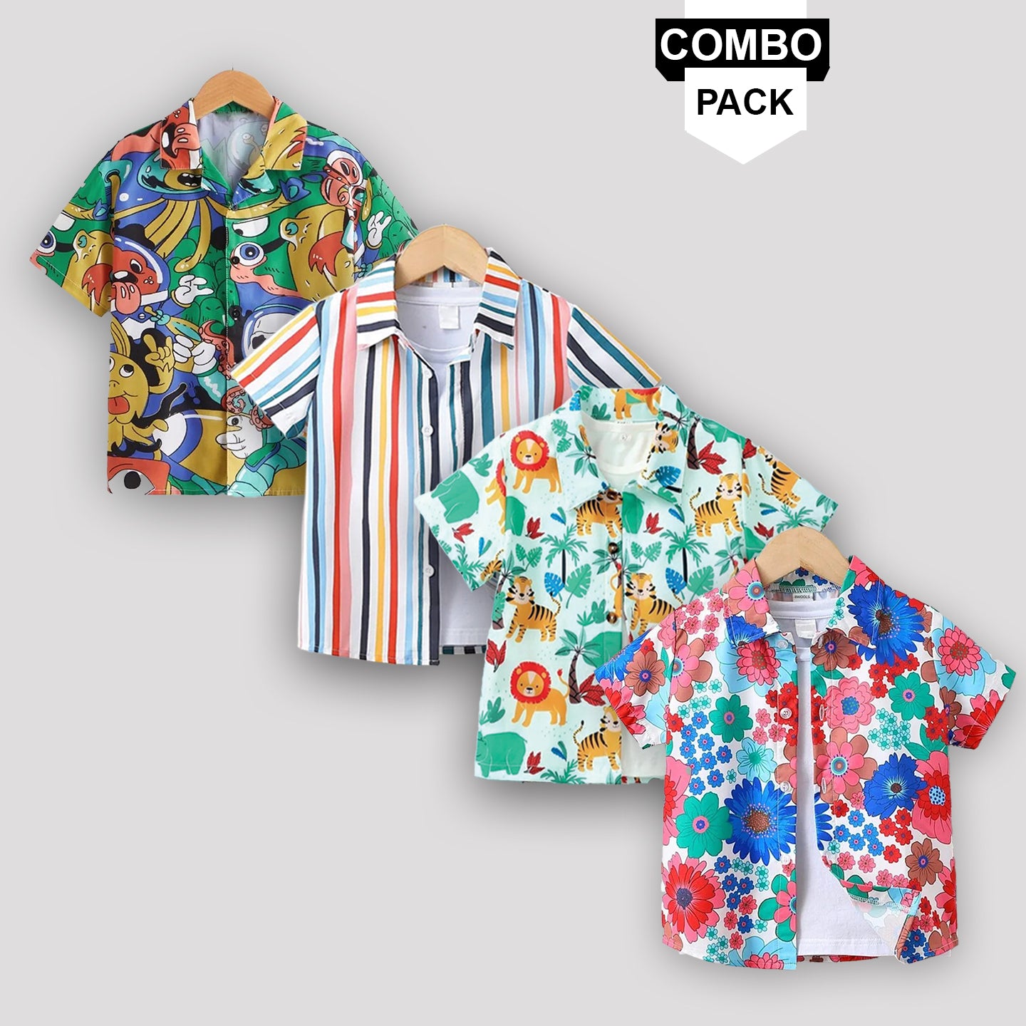 Boy's London City & Floral and Plaid Patched Pocket Designer Button Front (Combo Pack Of 4) Shirt For Boy