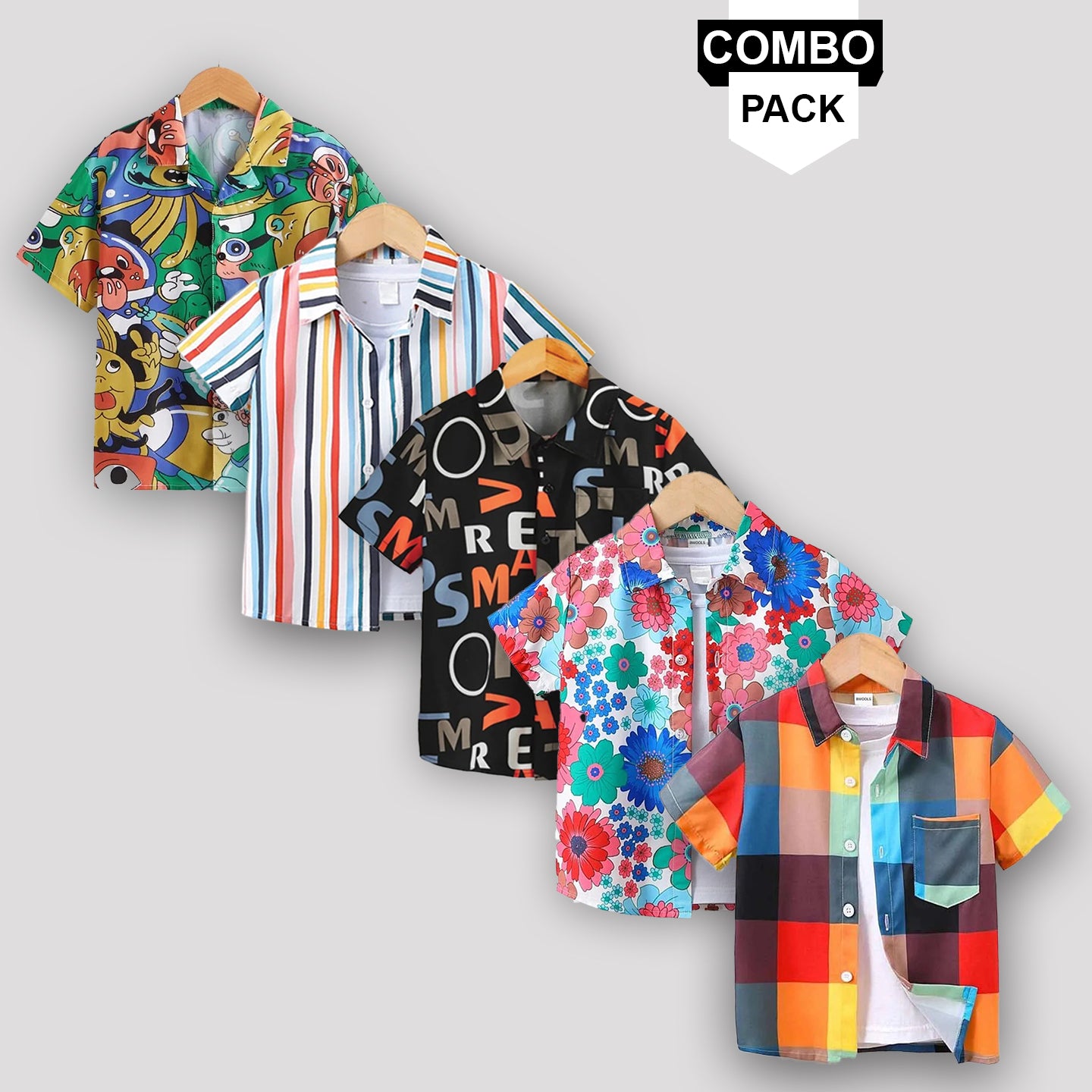 Boy's Unique Ghost Designer Flower Button Front Black Latter(Combo pack For 5) Shirt For Boy.. (