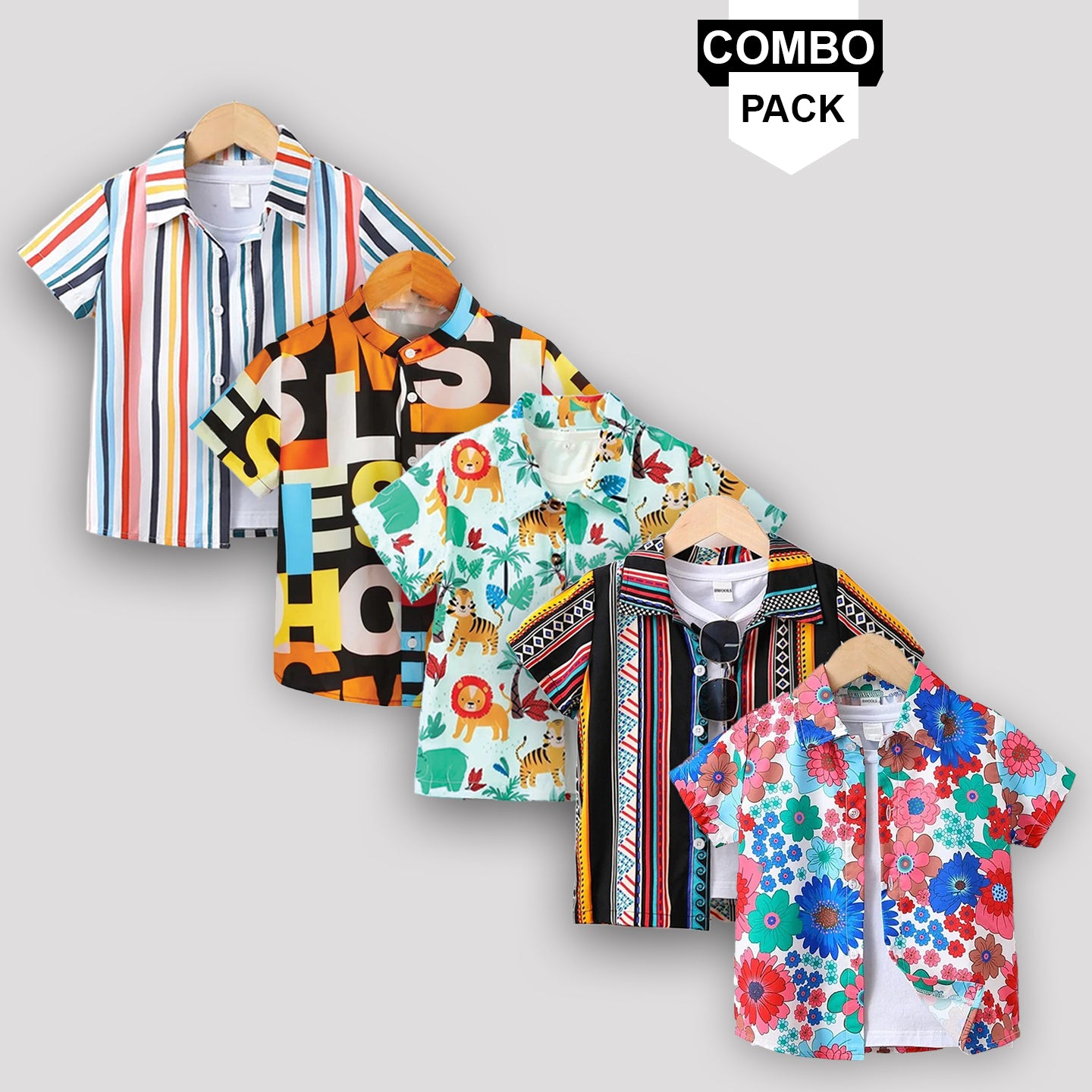 Boy's Stylish Graphic Printed Designer Flower Button Front Orange Latter (Combo pack For 5) Shirt For Boy..