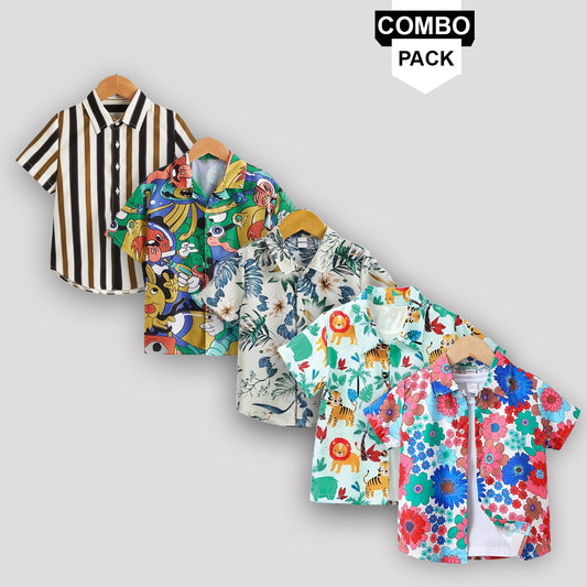 Boy's Ghost Animal Printed Graphic Cream Designer Flower Button Front (Combo pack For 5) Shirt For Boy..