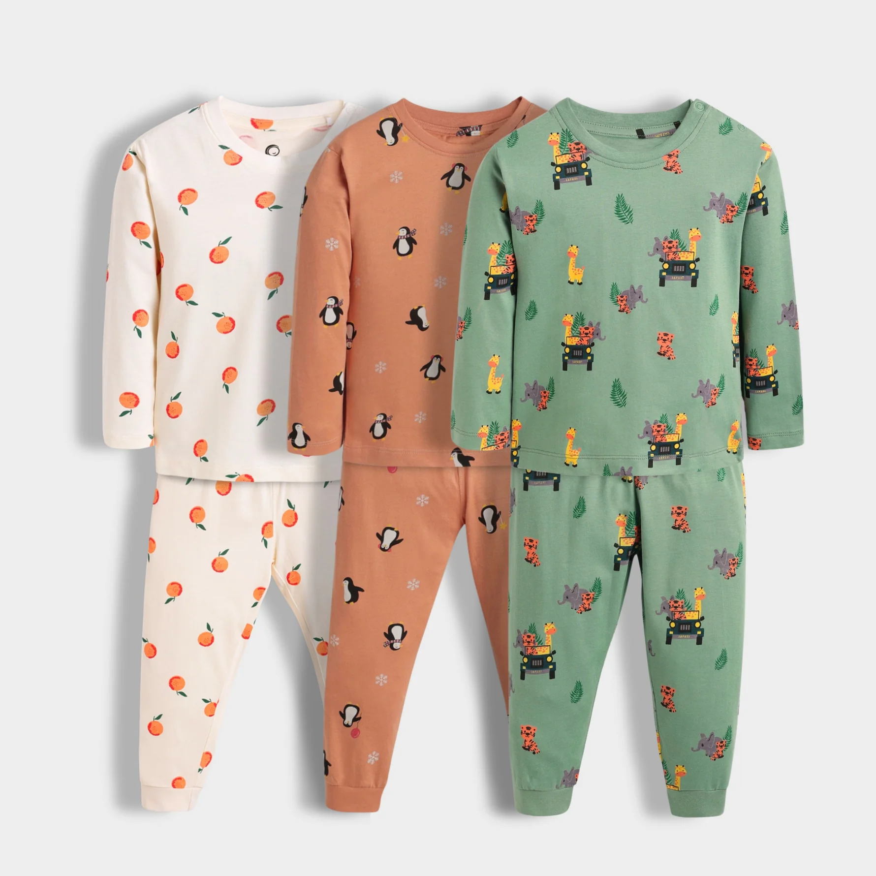 Kids Cotton  wear Set – Pack of 3 (Fruit, Penguin, Safari Jeep Prints) .