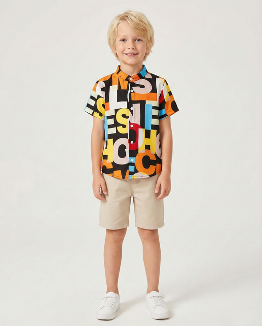 Letter Graphic & Button Front Shirt For Boy.