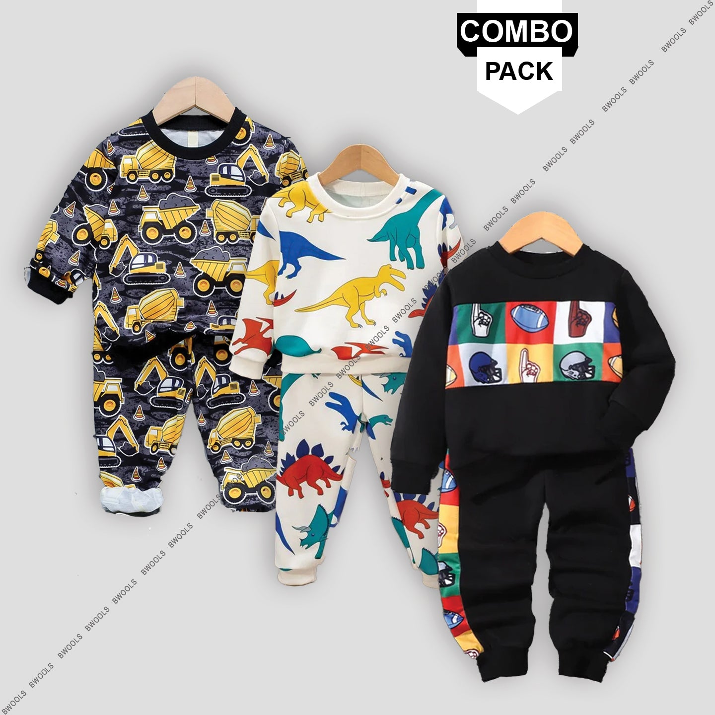 Stylish Baby Set Dinosaur Animal & Truck Fleece & Round Neck Cartoon (Combo Pack Of 3) T-Shirt & Pants