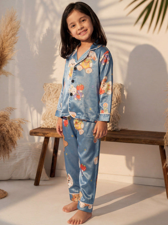 Cute Cartoon Satin Kids Night Suit Set – Blue Pajama Set