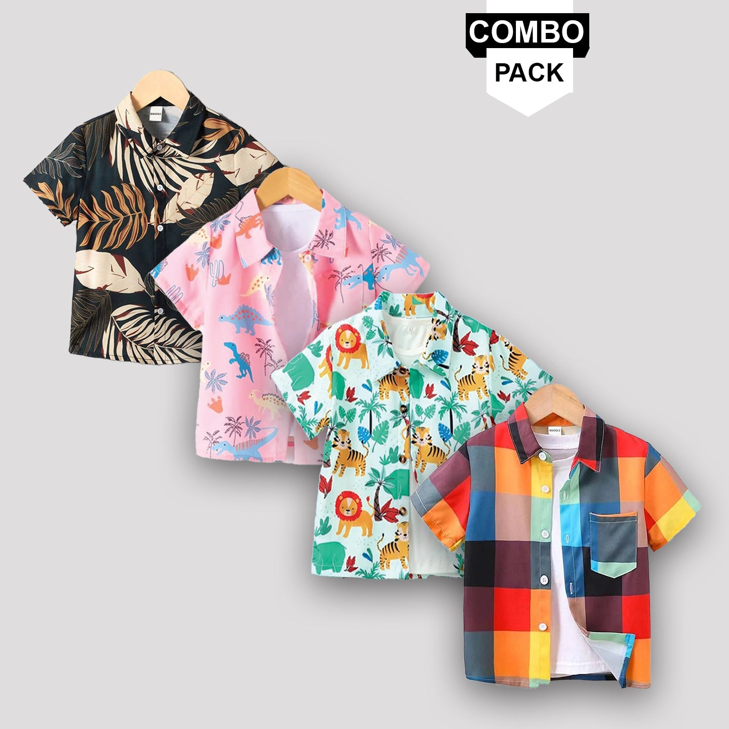 Boy's Stylish Dinosaur and Black Leaf Pocket Box Designer Animal Button Front(Combo Pack Of 4) Shirt For Boy