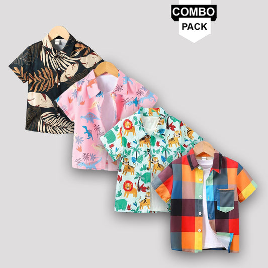 Boy's Stylish Dinosaur and Black Leaf Pocket Box Designer Animal Button Front(Combo Pack Of 4) Shirt For Boy