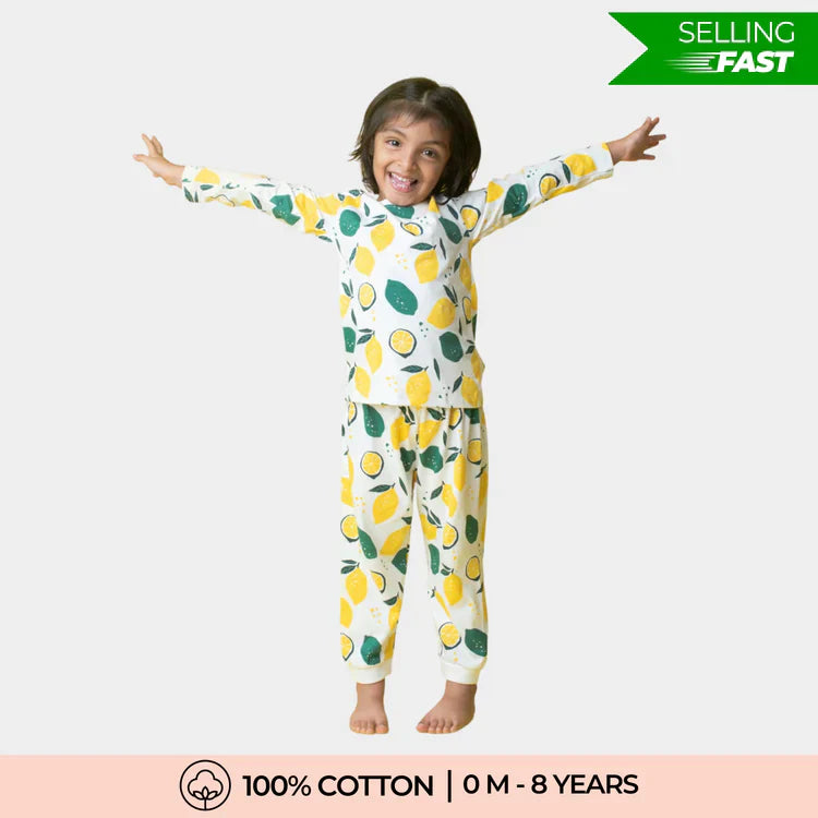 Soft Cotton Pajama Set – White with Lemon Print .