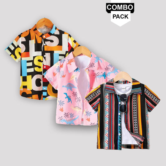 Boy's stylish New Colourful Animal Graphic Line Designer Flower Button Front of (Combo Pack Of 3) Shirt For Boy