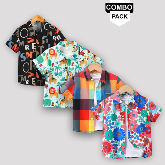 Stylish Black ABCD and Flower Pocket Box Designer Animal Button Front (Combo Pack Of 4) Shirt For Boy