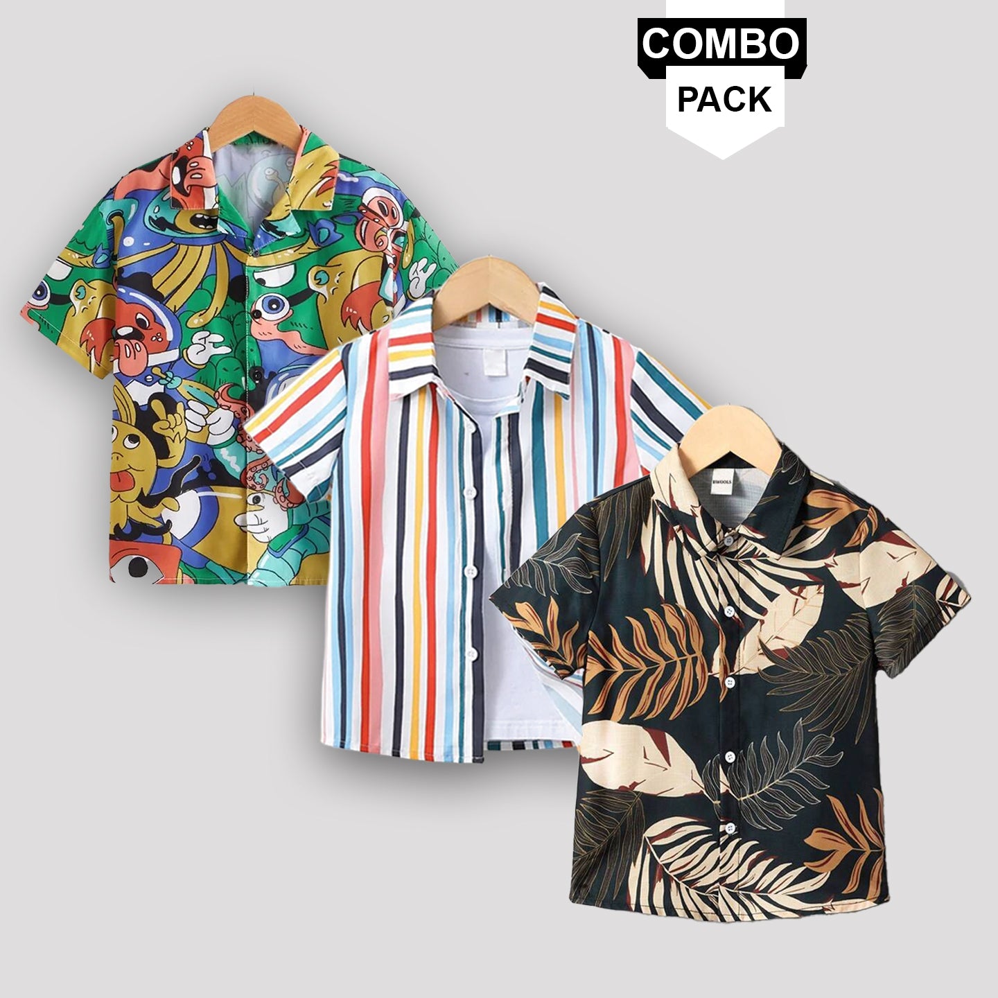 Boy's stylish Colourful Ghost Graphic Multi Line Designer Leaf Button Front of (Combo Pack Of 3) Shirt For Boy