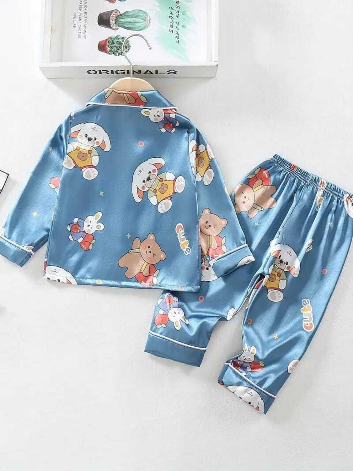 Cute Cartoon Satin Kids Night Suit Set – Blue Pajama Set