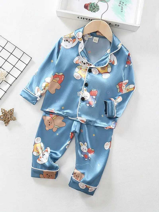Cute Cartoon Satin Kids Night Suit Set – Blue Pajama Set