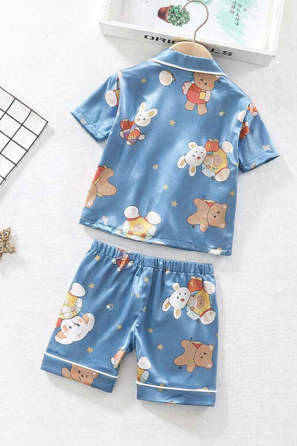 Cute Cartoon Satin Kids Night Suit Set – Blue Pajama Set