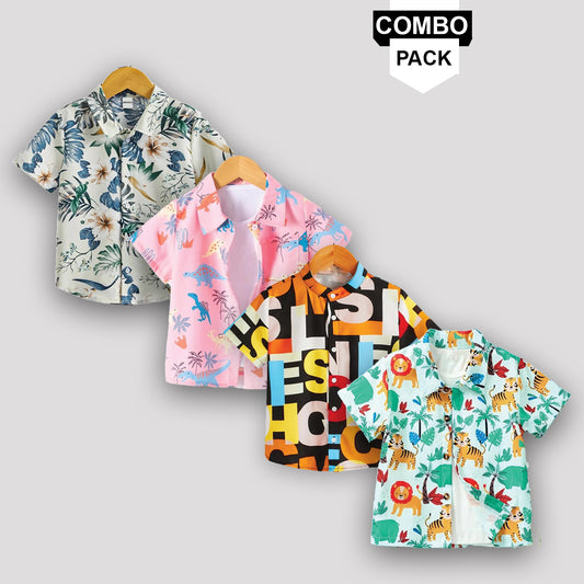 Boy's Cream and Designer Flower Animal Orange Dinosaur Front (Combo Pack Of 4) Shirt For Boy