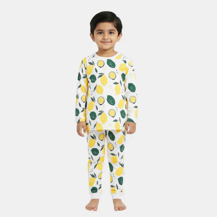 Soft Cotton Pajama Set – White with Lemon Print .