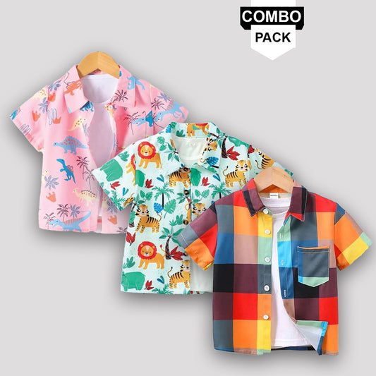 Boy's stylish Pink Dino Graphic Multi Animal Designer Box Button Front of (Combo Pack Of 3) Shirt For Boy