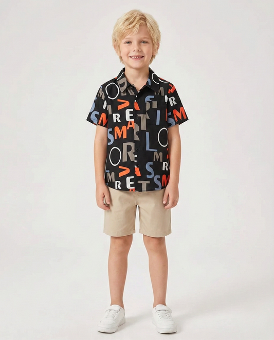 Black-O Letters Designer Print Button Front Shirt For Boy.