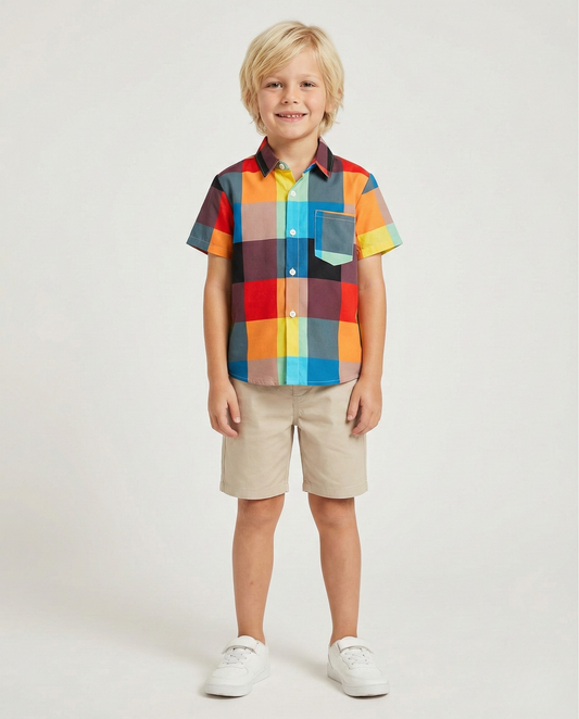 Multi-Box Plaid Patched Pocket Designer Print Button Front Shirt.