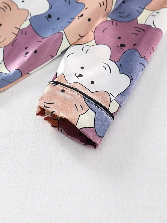 Kids Multicolor Cartoon Satin Night Suit Set – Soft Full Sleeve Pajama Set