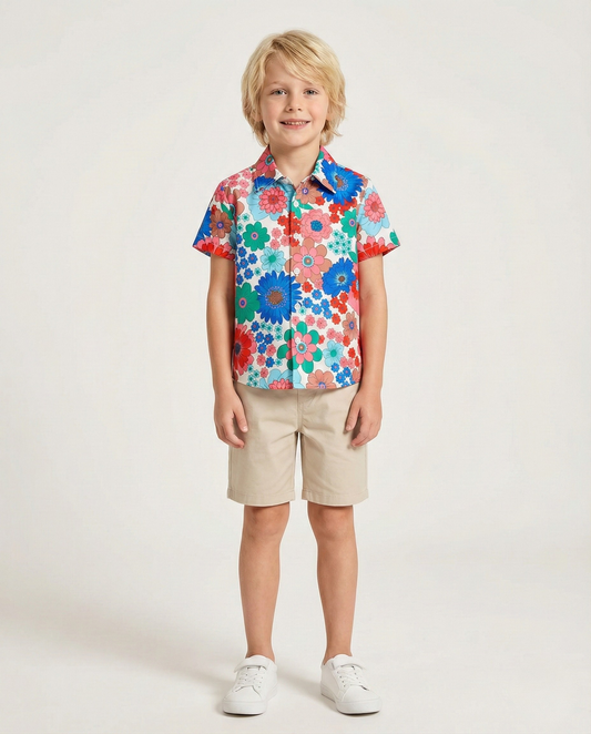 Flower Floral Designer Print Button Front Shirt For Boy.