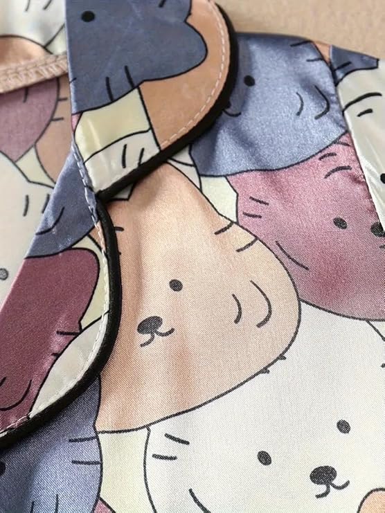 Kids Multicolor Cartoon Satin Night Suit Set – Soft Full Sleeve Pajama Set