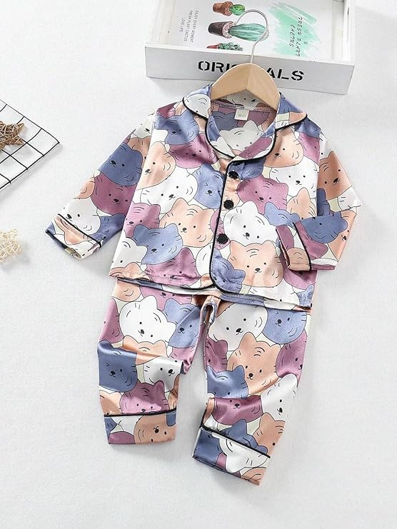 Kids Multicolor Cartoon Satin Night Suit Set – Soft Full Sleeve Pajama Set