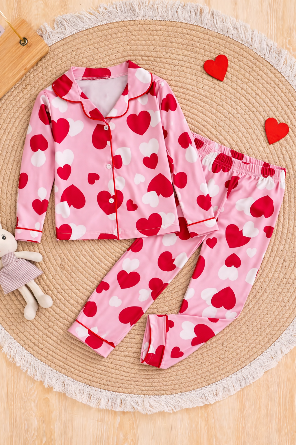 Girls Pink Heart Print Satin Night Suit Set – Cute Full Sleeve Pajama Set