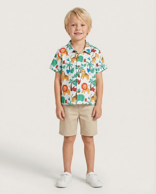 Green Jungle Animal Colorfull Designer Button Front Shirt For Boy.
