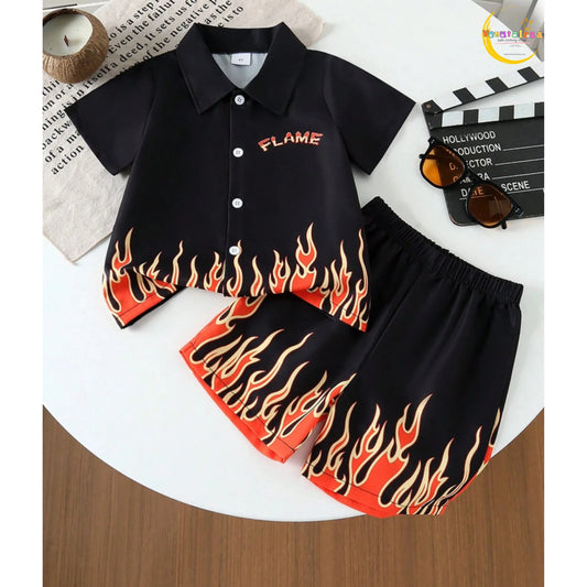 Boys Black Fire Graphic Summer Co-Ord Set