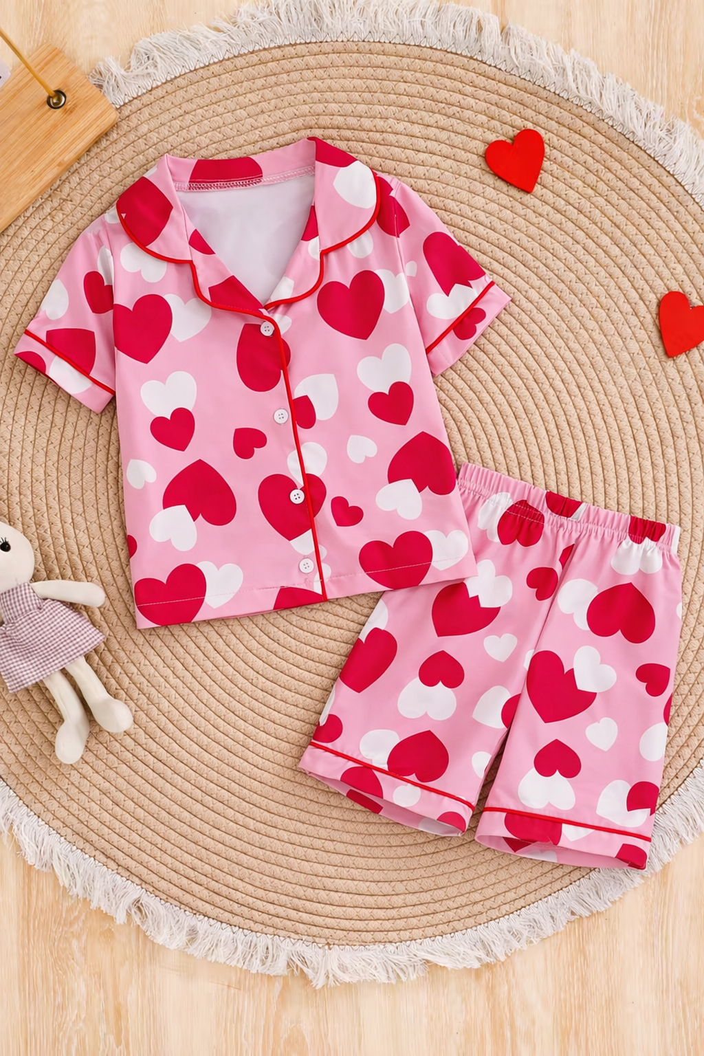 Girls Pink Heart Print Satin Night Suit Set – Cute Full Sleeve Pajama Set