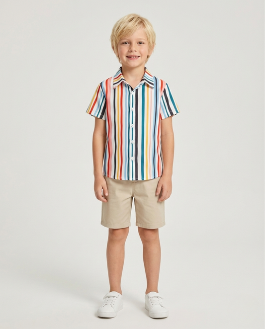 Bwools Multicolor-Line Stylish Sunshine Vertical Designer Button Front Shirt For Boy.
