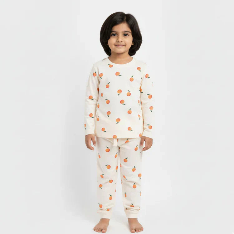 Soft Cotton Pajama Set – Mint Green with Oranges