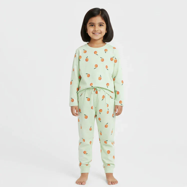 Soft Cotton Pajama Set – Mint Green with Oranges