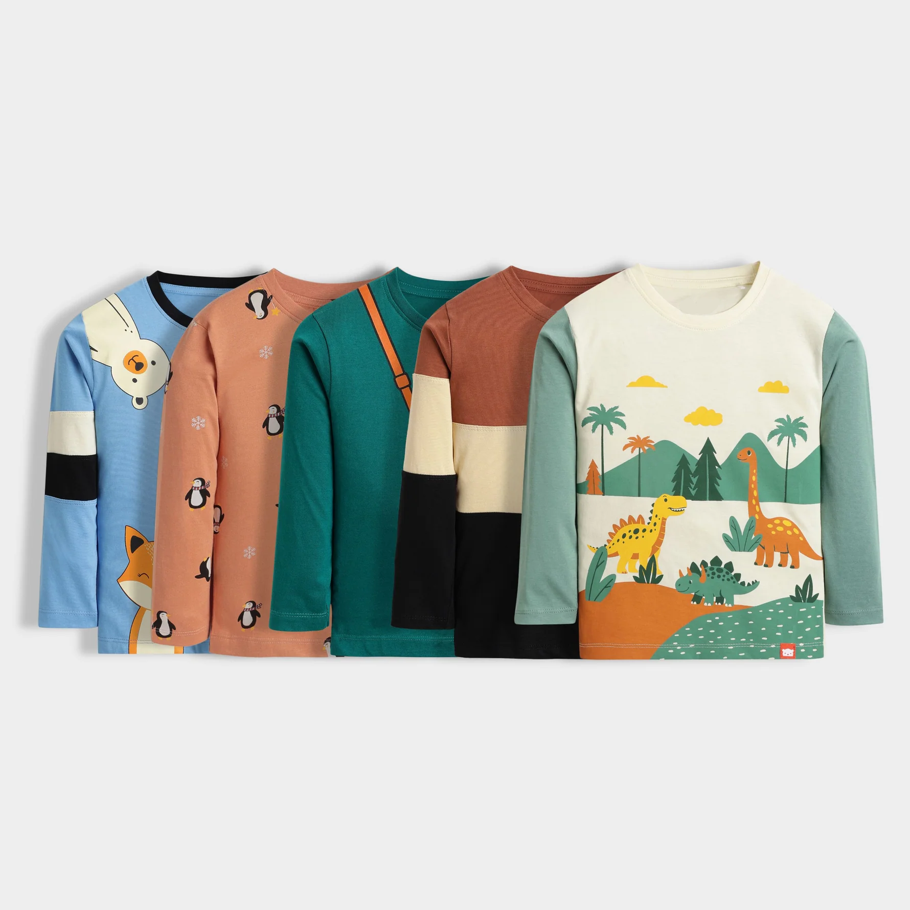 Kids Cartoon & Dino Print Full Sleeve T-Shirt Combo (Pack of 5) – Soft Cotton Everyday Wear