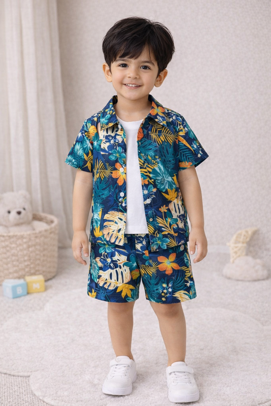 Toddler Boy 2-Piece Vibrant Teal Tropical Floral Print Summer Shirt and Shorts Set