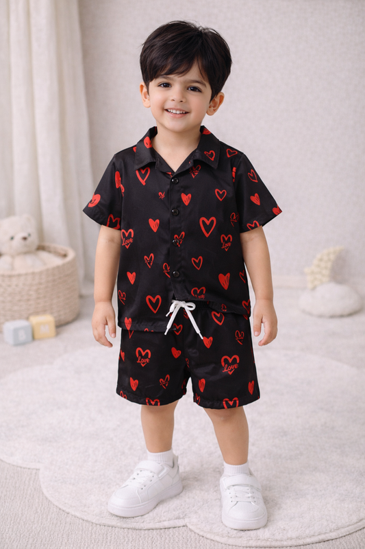Toddler Boy 2-Piece Black and Red Heart Print Button-Down Summer Set